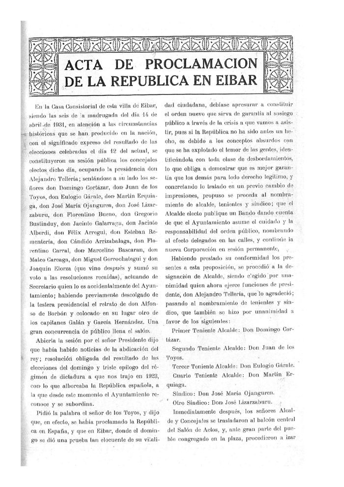 Acta de proclamación de la República en Eibar: 14-04-1931 ...