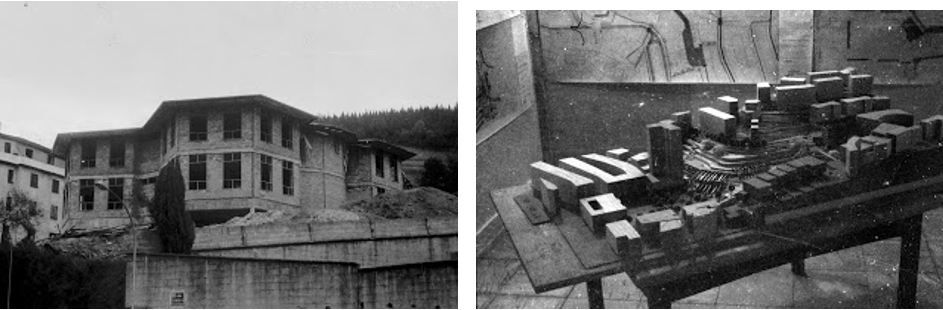 Edificio de Sansaburuko en construcción (izda.) y maqueta de la adecuación del parque de Txaltxa-zelai (dcha.). Fuente: Fondo Plazaola