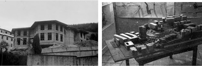 Edificio de Sansaburuko en construcción (izda.) y maqueta de la adecuación del parque de Txaltxa-zelai (dcha.). Fuente: Fondo Plazaola Edificio de Sansaburuko en construcción (izda.) y maqueta de la adecuación del parque de Txaltxa-zelai (dcha.). Fuente: Fondo Plazaola