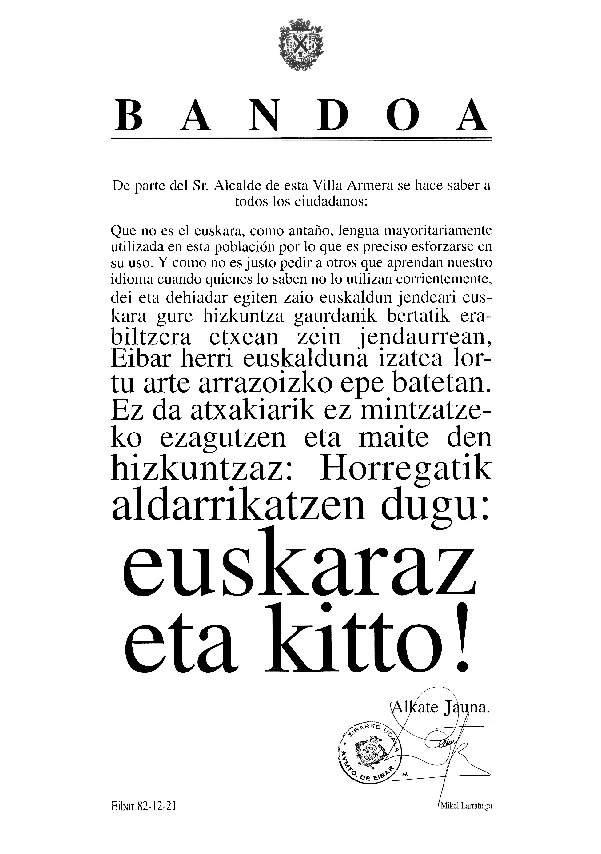 Euskaraz eta kitto! - Eibarko Udala, Bandoa 1982